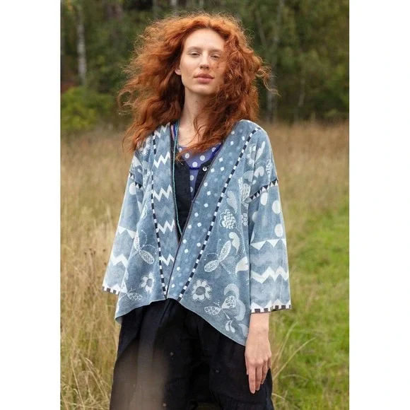 Gudrun Sjoden Indigo Dragonfly Organic Cotton Cardigan Blue Patterned Large NWT - Picture 5 of 9